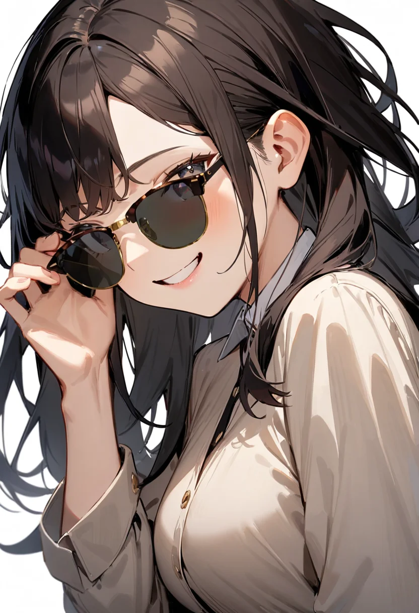 masterpiece, best quality, very aesthetic, absurdres,
1girl, solo, black hair, long hair,
sirmont, sunglasses, grey-tinted eyewear, brown-framed eyewear, yellow-framed eyewear, two-tone eyewear,
collared shirt, happy, smile, looking at viewer, adjusting eyewear, white background, simple background,
<lora:sunglasses_CLUBMASTER_SDXL_V1:1>