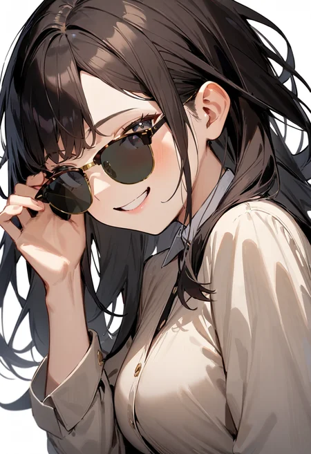 masterpiece, best quality, very aesthetic, absurdres,
1girl, solo, black hair, long hair,
sirmont, sunglasses, grey-tinted eyewear, brown-framed eyewear, yellow-framed eyewear, two-tone eyewear,
collared shirt, happy, smile, looking at viewer, adjusting eyewear, white background, simple background,
<lora:sunglasses_CLUBMASTER_SDXL_V1:1>