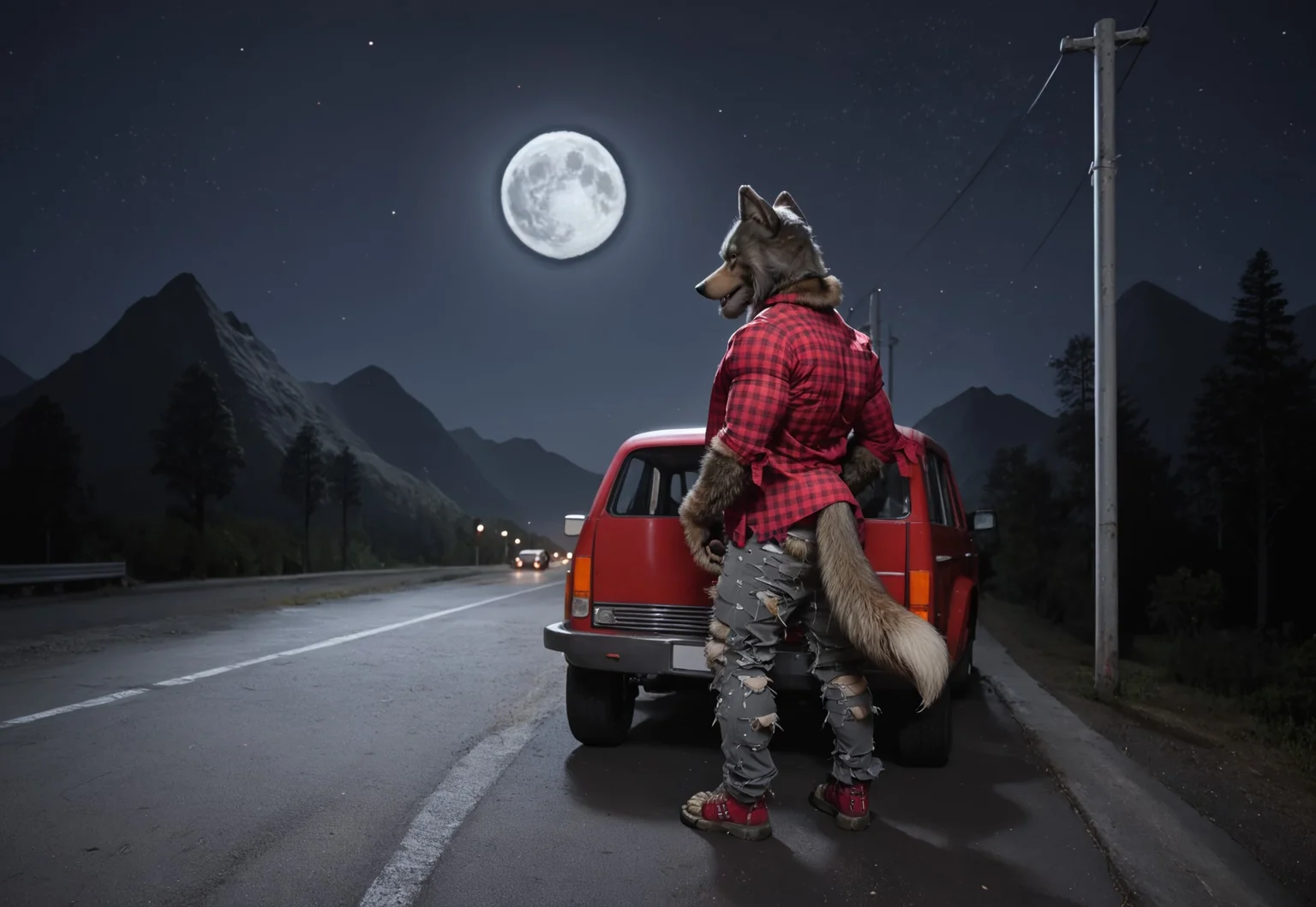 zPDXL3, masterpiece, best quality, highly detailed, score_9, score_8_up, score_7_up, score_6_up, full body picture of the Lobinez, furry male, solo, wolf, red plaid shirt, grey torn pants, torn shoes, claws, tail, solo, best resolution, best quality, masterpiece, outdoors, night, star_(sky), full moon, moon, moonlight, road, building, diner, pickup truck, truck, power lines, utility pile, scenery, mountain, night sky