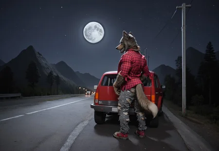 zPDXL3, masterpiece, best quality, highly detailed, score_9, score_8_up, score_7_up, score_6_up, full body picture of the Lobinez, furry male, solo, wolf, red plaid shirt, grey torn pants, torn shoes, claws, tail, solo, best resolution, best quality, masterpiece, outdoors, night, star_(sky), full moon, moon, moonlight, road, building, diner, pickup truck, truck, power lines, utility pile, scenery, mountain, night sky