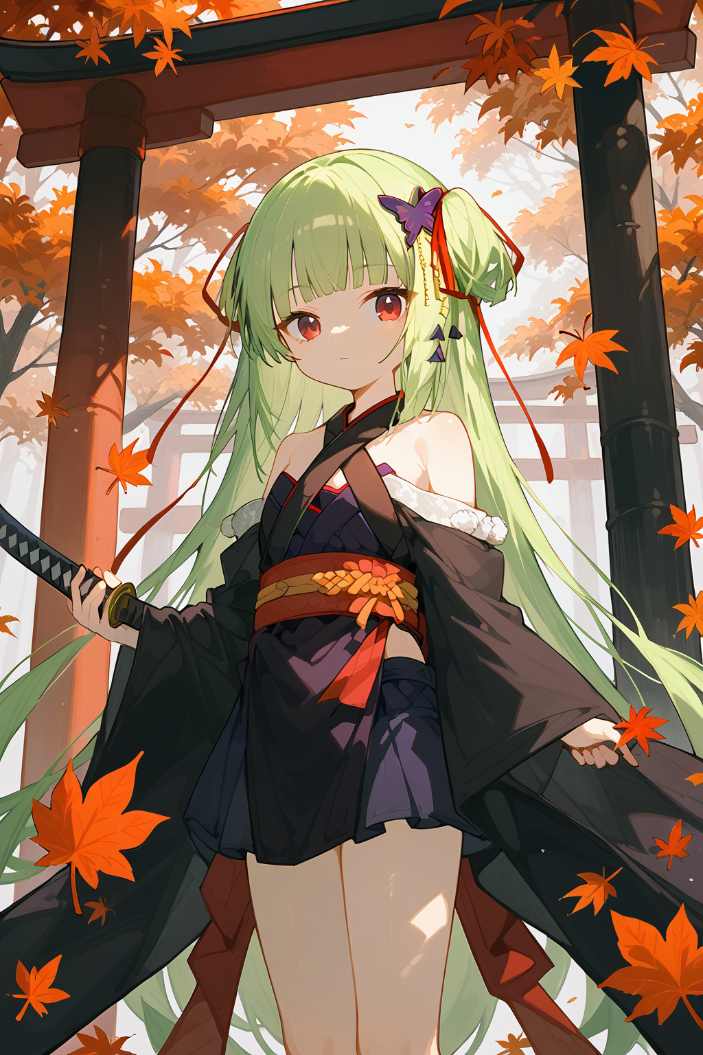 (score_9,score_8_up,score_7_up),<lora:congyu(Senren Banka)-v1:1>,congyu(Senren*Banka),1girl,weapon,sword,green hair,solo,long hair,red eyes,hair ornament,katana,japanese clothes,holding,holding weapon,bangs,holding sword,looking at viewer,kimono,blunt bangs,leaf,very long hair,ribbon,outdoors,butterfly hair ornament,bare shoulders,sash,wide sleeves,autumn leaves,closed mouth,sheath,red ribbon,torii,black kimono,tree,hair ribbon,long sleeves,shimenawa,
good feet,anime,NSFW,expressive,amazing quality,ultra hd 32k,