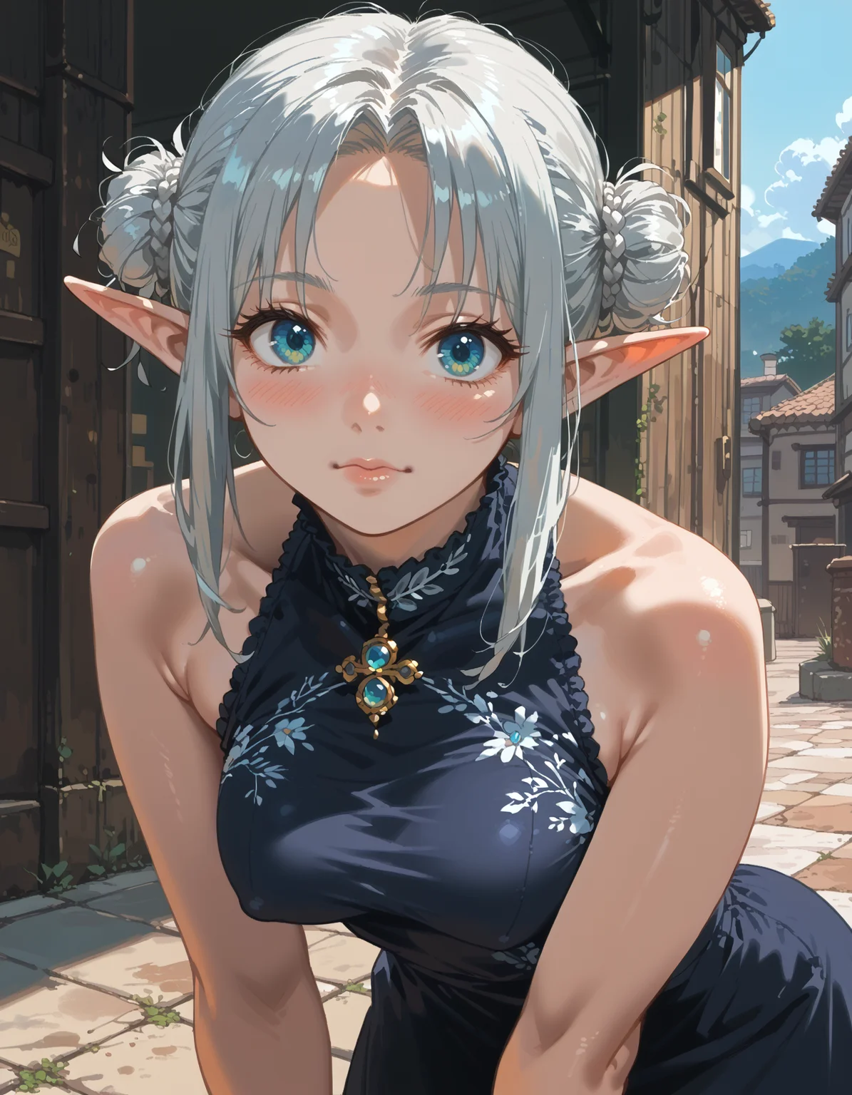score_9, score_8_up, score_7_up, rating_explicit, dynamic angle, scenic, detailed background, BREAK
1girl, elf, multicolor eyes, pretty eyes, sexy body, breasts, narrow waist, wide hips, round ass, athletic, Leaning forward, hands on the ground, silver color hair, messy bun hair, Elaborate tulle dress with cascading floral embellishments, BREAK
<lora:Worldly_XL:1> <lora:RAR 0.1v:.1> <lora:zankuro_ponyv1:.5> <lora:AIU 0.3v:1> <lora:BBXLP:.7> <lora:Sadamoto Yoshiyuki_XL_PONY:.4>, detailed skin texture, (blush:0.2), (goosebumps:0.3), subsurface scattering