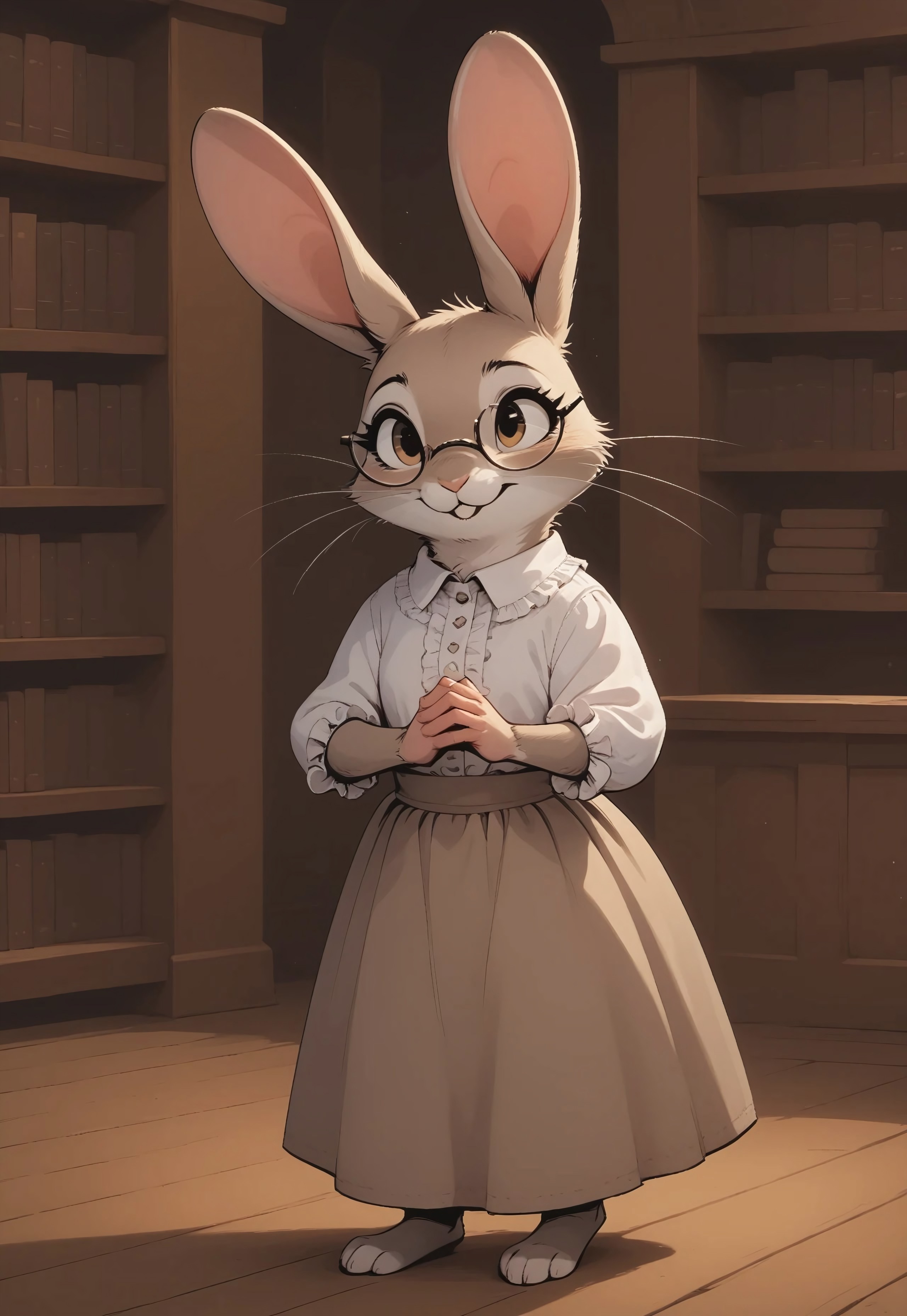 score_9, score_8_up, score_7_up, score_6_up, score_5_up, score_4_up, m0use_maximilla, in the style of Beatrix Potter, (((rabbit))), cute, (feral:0.5), light beige fur, light brown eyes, glasses, (frilly floral shirt, skirt), long ears, indoors, (full body shot), library, (hands together:1.5)