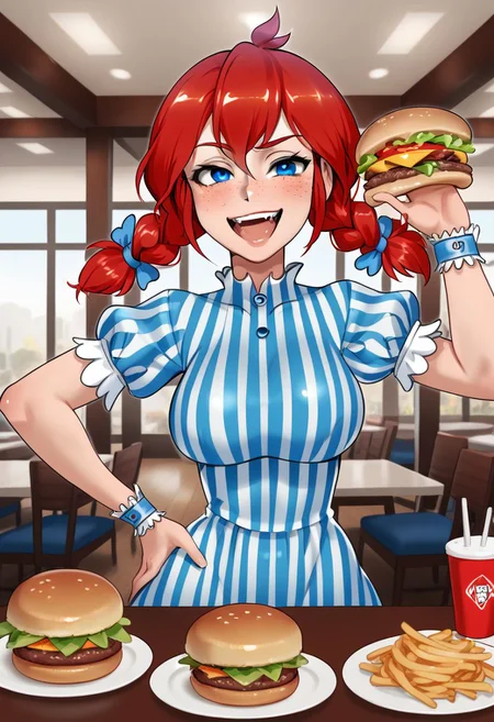 1girl, solo, upper body, vertical striped dress, red hair, freckles, blue eyes, pigtails, wrist cuffs, smug laugh, mouth open, ojou-sama pose, restaurant, burger, table, hand on hip, contrapposto, Wendy \(Wendy's\)