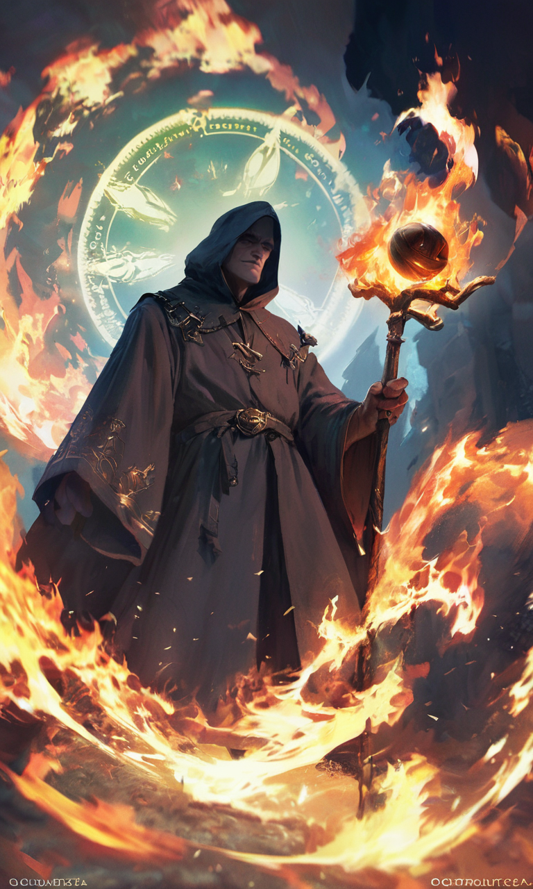 score_9, score_8_up, score_7_up, BREAK, gwentstyle, a man in a robe holding a staff and a fire ball, magic effects in background, (dark fantasy:1.2), soft light, <lora:GwentStyle_v2:0.85>