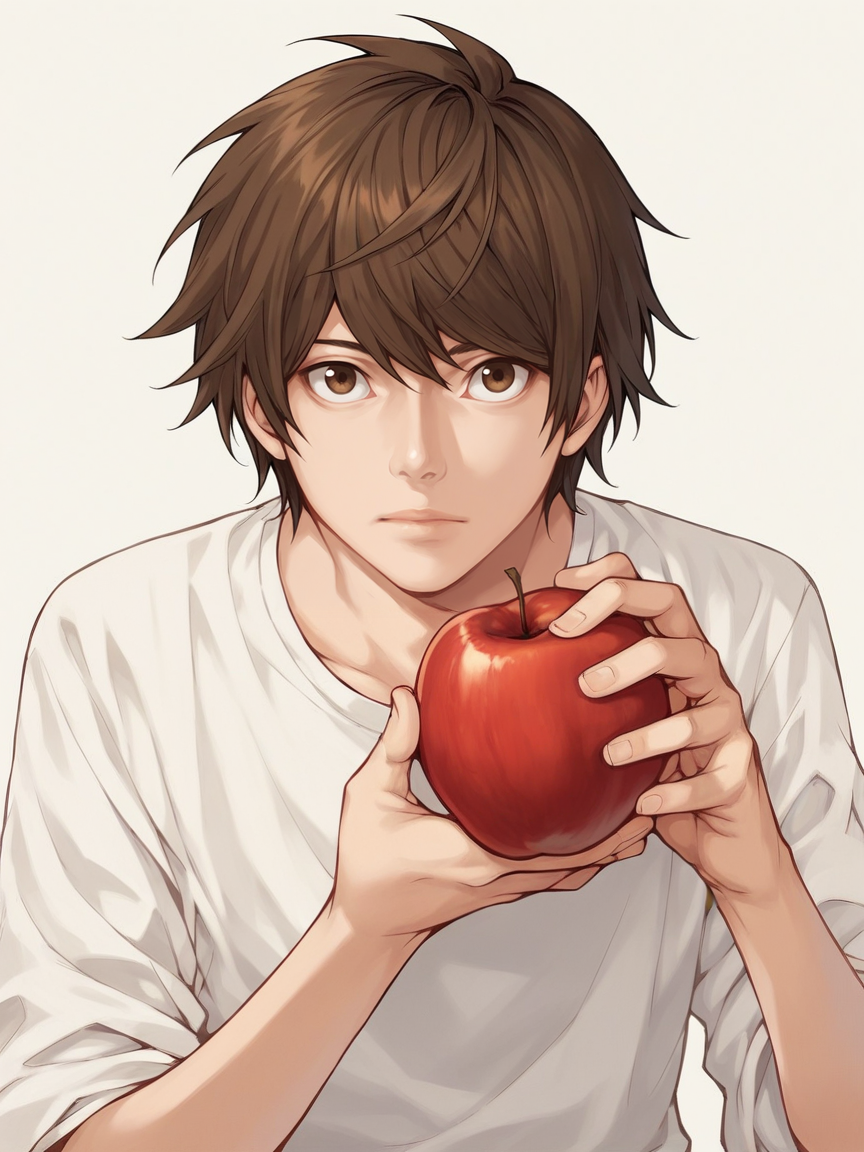 score_9, score_8_up, score_7_up, score_6_up, score_5_up,  <lora:d34thn0t3XLP:1> d34thn0t3, 1boy, brown hair, solo, holding apple,