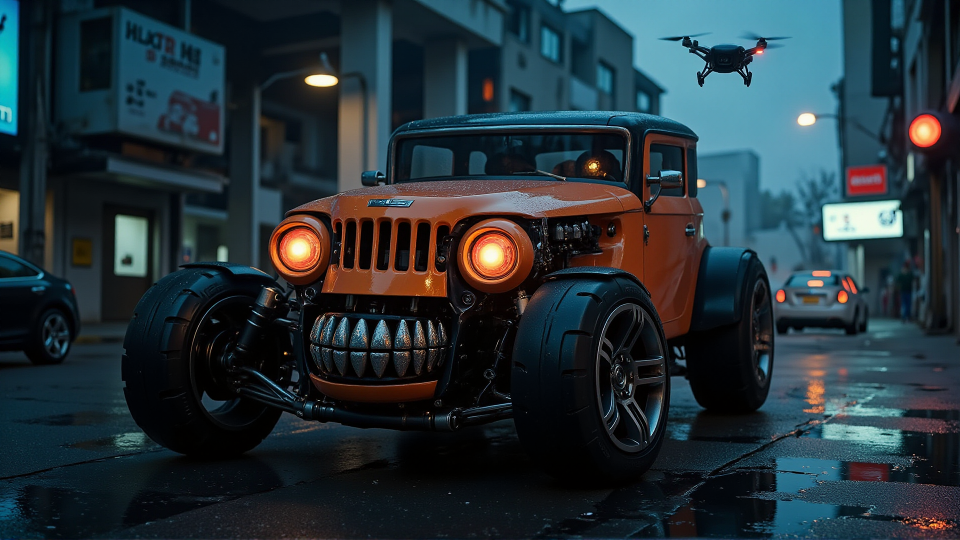 Hyper-realistic cyberpunk car shaped like a robotic skull, metallic orange with black bone-like plating. Chrome skull front with hollow eyes, glowing grid-pattern LED headlights, and jagged metallic teeth (ral-rbotth) forming a menacing grille. Rib-like mechanical plating on the sides, exposed pistons, and alloy wheels resembling fragmented jawbones. Spine-like rear with red LED taillights, dual exhaust vents like a breathing system. Dystopian neon city, cracked roads reflecting rain, glitching billboards, skeletal megastructures, flickering streetlights. Hovering drones scan the decayed streets, headlights cutting through mist, blue underglow casting ghostly shadows.
 <lora:ral-hkcpcncpt:0.6> <lora:ral-rbotth-flux:1>