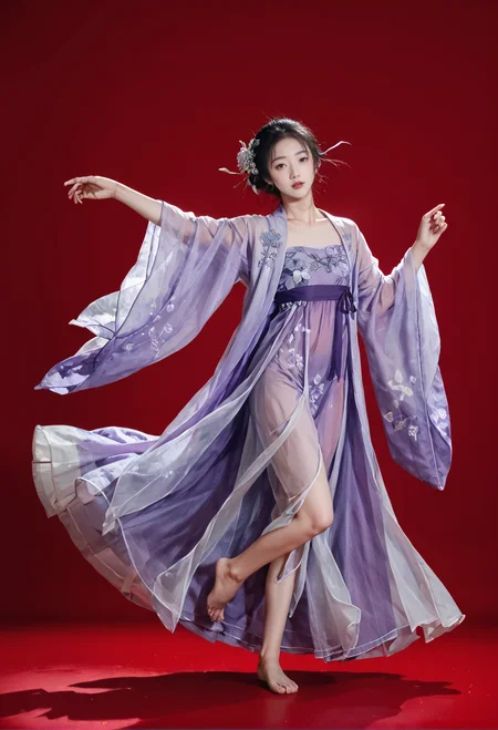 red background,dancing,barefoot,,ruanyi0752,hanfu,purple dress,see-through,wide sleeves,<lora:0752 Wisteria butterfly hanfu_v1_pony:1>, score_9,score_8_up,score_7_up,,8k,1girl,solo,