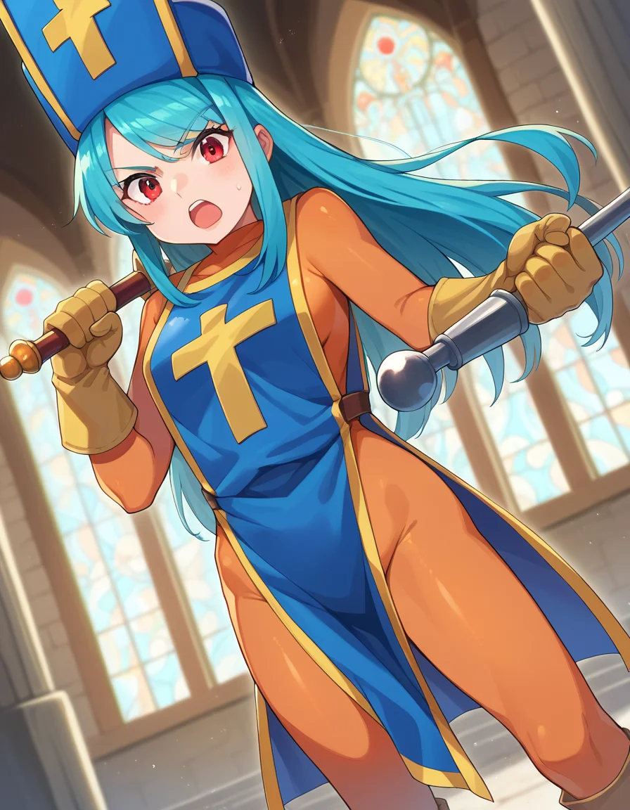 score_9, score_8_up, score_7_up, source_anime,
dqpriest, <lora:dq-priest-ponyxl-lora-nochekaiser:1>,
priest, aqua hair, blue hair, long hair, red eyes,
bodysuit, boots, cross, gloves, hat, mitre, orange bodysuit, tabard, mace, weapon, holding weapon,
indoors, church, fighting stance,
looking at viewer, dutch angle, cowboy shot,