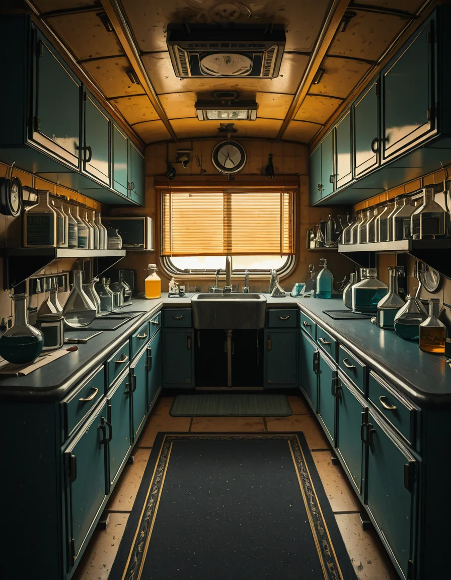 The interior of an old RV converted into a clandestine drug laboratory, inspired by the TV series Breaking Bad. The space is cramped and messy, filled with scientific equipment, glass beakers, flasks, burners, chemical containers, and lab tools scattered around. The walls are aged and stained, with peeling wallpaper and old metallic cabinets. A small sink area is cluttered with dirty lab glassware. The lighting is dim and tinted yellow, with sunlight barely filtering through dusty blinds. The floor is grimy, with a mix of rubber mats and worn carpet. The overall atmosphere is tense and gritty, capturing a sense of secrecy and danger. Hyper-realistic style, cinematic composition, rich in textures and shadows.
<lora:SDXLFaeTastic2400:0.4> <lora:extremely_detailed:0.4> extremely detailed,old RV drug l4b0r4t0ry, <lora:old_RV_drug_l4b0r4t0ry-i:1>, Masterpiece,best quality,hi res,8k,hi res,8k,award winning,(sharp focus, intricate, highly detailed),