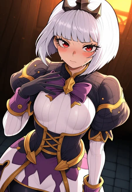side_light,4k,(masterpiece:1.4),(best quality:1.4),(high resolution:1.4),Ultra HD, HDR,(hyperdetailed),smooth lighting,source_anime,very aesthetic,intricate details,intense,highres,vibrant colors,detailed_shadows,detailed_reflections,high-quality textures,good shading,studio quality,epic lighting,digital illustration,show accurate proportions,long eyelashes,thick eyelashes,perfect hands,perfection,5 fingers,perfectly detailed fingers",""manga eyes,perfect eyes,detailed eyes,beautiful lighting,detailed eyes,perfect eyes,long eyelashes,thick eyelashes,long eyelashes,shiny skin, perfect beautiful face, cute,Big eyes,mature,adult female,18 years old,
Kjorp, bob cut, blunt bangs, red eyes, white hair, puffy short sleeves, tiara, purple bowtie, black corset, sleeve cuffs, white sleeves, black gloves, short over long sleeves, black leggings, high belt, showgirl skirt, purple skirt, white skirt, black skirt, ribbed shirt, gold trim, multicolored skirt,
,mad,blush,sweaty, yotsumi_shiro style,
,small breast,,
blush,on dark castle,