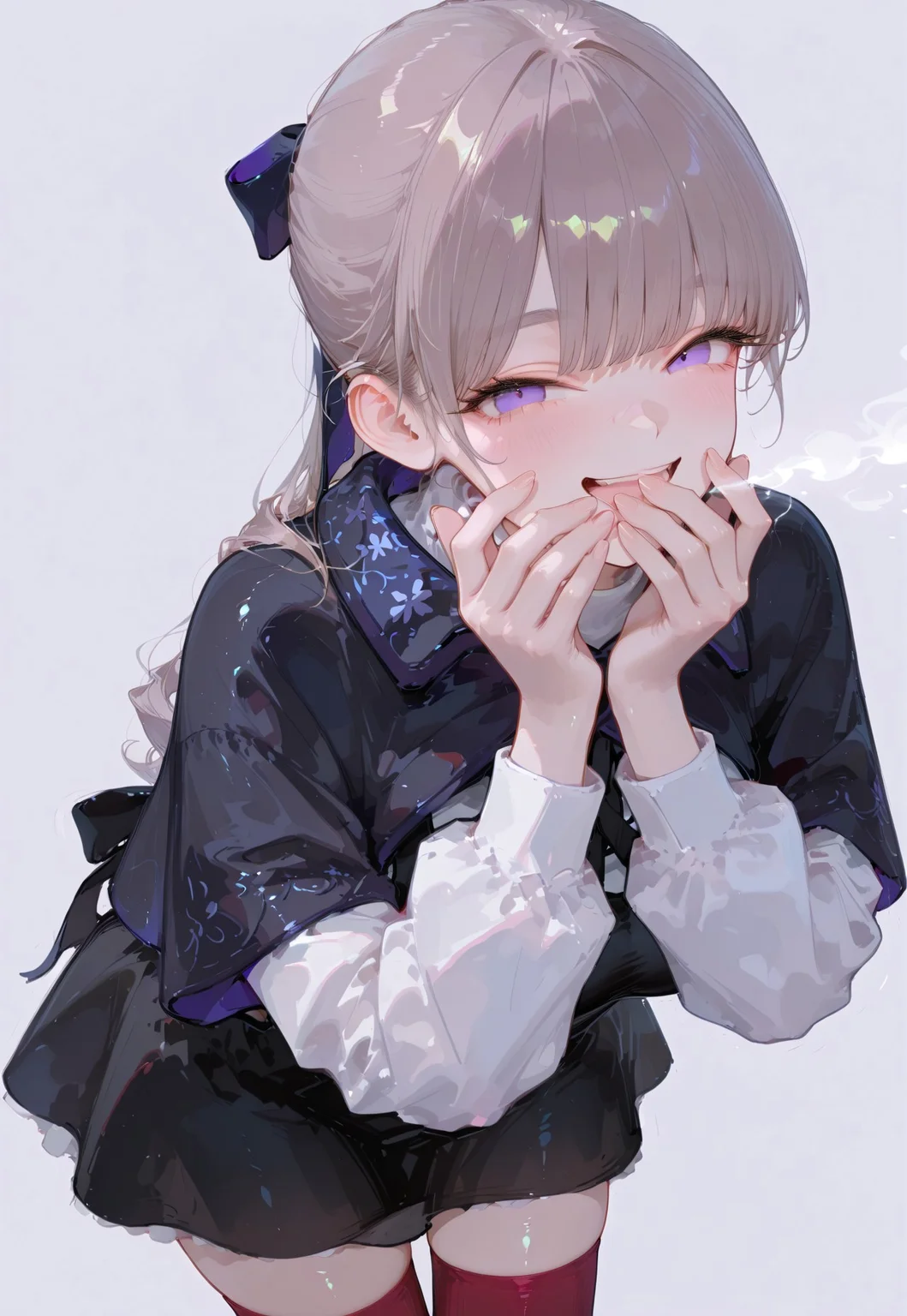 masterpiece, best quality, hyper-realistic, ultra-HD, luminous lighting, cinematic ambiance, shimmering gradients, ethereal glow, deep contrast, rich color tones, seductive atmosphere, captivating sensuality, Cinematic Lighting, raytracing, volumetric lighting, ambient occlusion, very awa, absurdres, amazing quality, ultra-detailed,8K,illustration,CG, 
BREAK 
shiny hair, clear skin, ultra-detailed-eyes, simple background, cute girl, eyelashes, slender, long hair, large breasts, (mature female), slim body, long lushes, long legs, flat stomach, usnr, 748cmstyle,
BREAK
Lapwing_Gosling, light brown hair, purple eyes, ponytail, bangs, hair bow, black capelet, black dress, white sweater, red socks, knee highs, black shoes,
BREAK
open mouth, smile, from view, looking at view, two hands, covering mouth, cowboy shot, bend over, 