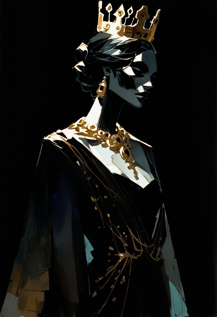 score_9, score_8_up, score_7_up, score_6_up, watercolor painting, aesthetic, ncpy13 style, pastels drawing, deep black background,  Using deep blue, gold and black colors create A beautiful young woman dressed as the queen of darkness sits on a throne made entirely of skulls. She's wearing a flowing black dress with gold accents and has a crown made of tiny bats perched atop her head. Her partner, a tall, lean man dressed as Dracula, stands behind her in the shadows. The style is a dark fantasy setting, upperbody portrait, elegant, intricate details.