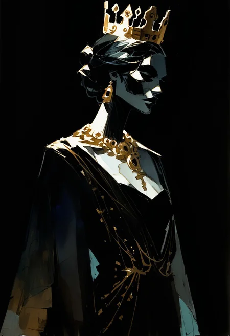 score_9, score_8_up, score_7_up, score_6_up, watercolor painting, aesthetic, ncpy13 style, pastels drawing, deep black background,  Using deep blue, gold and black colors create A beautiful young woman dressed as the queen of darkness sits on a throne made entirely of skulls. She's wearing a flowing black dress with gold accents and has a crown made of tiny bats perched atop her head. Her partner, a tall, lean man dressed as Dracula, stands behind her in the shadows. The style is a dark fantasy setting, upperbody portrait, elegant, intricate details.