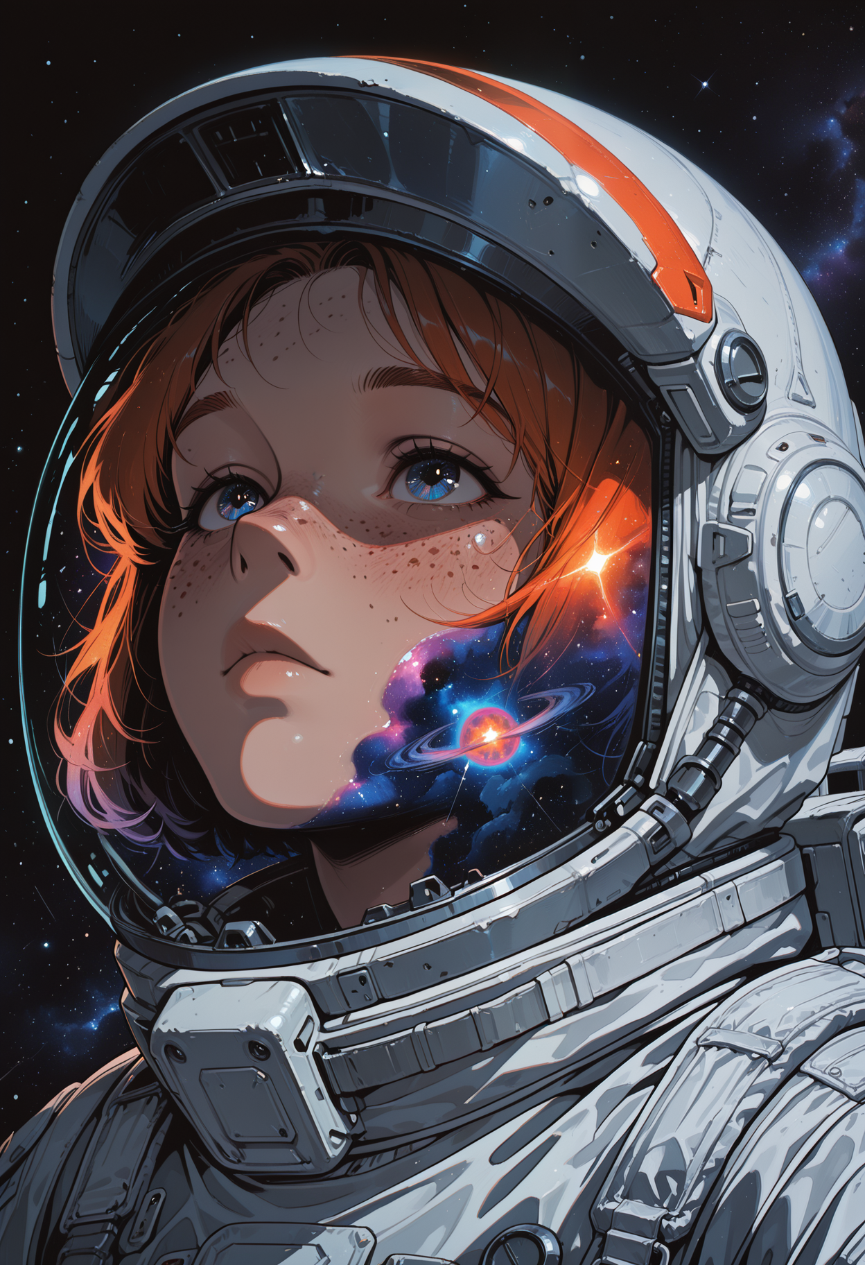 embedding:IllusP0s, codex sss chroma
1girl, solo, close-up, looking_up, astronaut, space_suit, space_helmet, helmet_on, short_hair, freckles, stars, galaxy, reflection, helmet_visor, nebula, dark_background