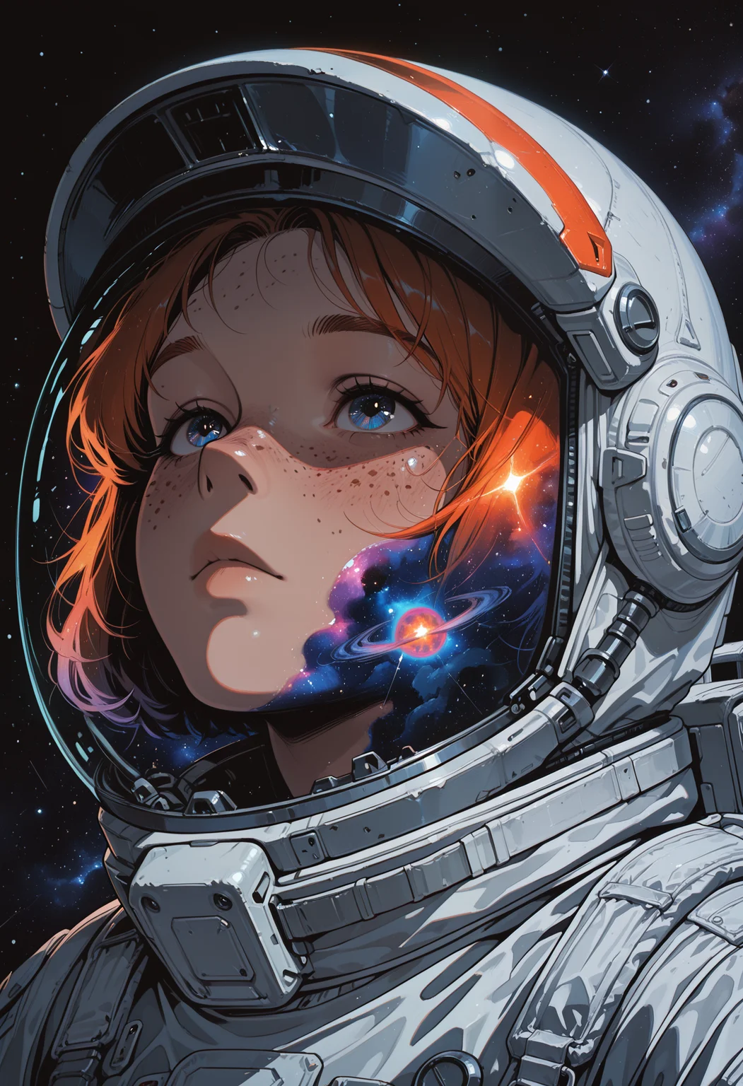 embedding:IllusP0s, codex sss chroma
1girl, solo, close-up, looking_up, astronaut, space_suit, space_helmet, helmet_on, short_hair, freckles, stars, galaxy, reflection, helmet_visor, nebula, dark_background