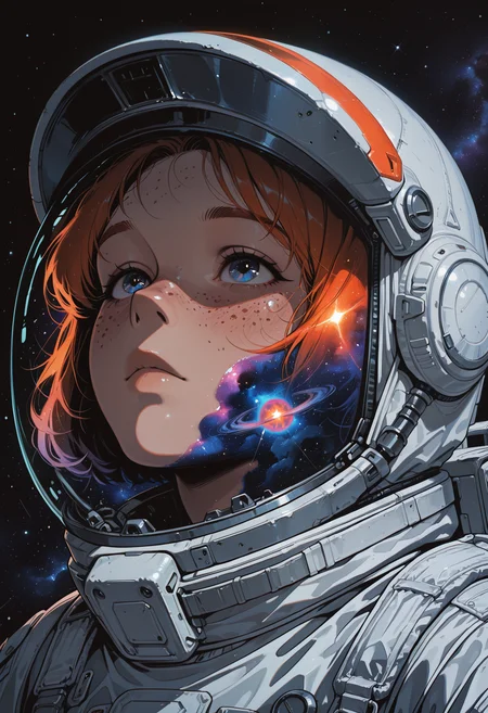 embedding:IllusP0s, codex sss chroma
1girl, solo, close-up, looking_up, astronaut, space_suit, space_helmet, helmet_on, short_hair, freckles, stars, galaxy, reflection, helmet_visor, nebula, dark_background