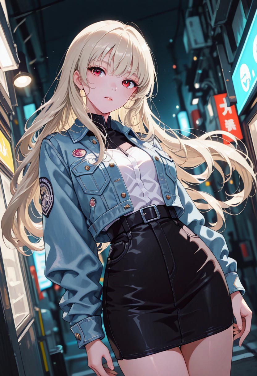 masterpiece, best quality, good quality, very aesthetic, absurdres, newest, 8K, depth of field, focused subject, artist:moriimee, ckym, in the style of ckym, platinum blonde femme fatale, flowing hair, wearing denim jacket, white blouse, black lace skirt, leaning against a futuristic sci-fi streetcorner, outdoors, silhouetted, dark night, directional lighting, dutch angle, cowboy shot