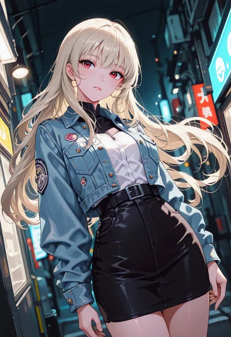 masterpiece, best quality, good quality, very aesthetic, absurdres, newest, 8K, depth of field, focused subject, artist:moriimee, ckym, in the style of ckym, platinum blonde femme fatale, flowing hair, wearing denim jacket, white blouse, black lace skirt, leaning against a futuristic sci-fi streetcorner, outdoors, silhouetted, dark night, directional lighting, dutch angle, cowboy shot