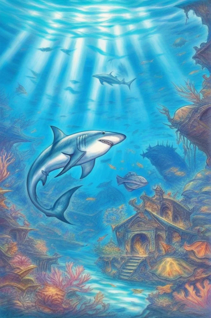 by amano yoshitaka,<lora:amano_yoshitaka_xl:1>,coral reef,bioluminescence,ancient ruins,submerged city,treasure chest,mysterious glow,deep sea,marine life,shoal of fish,mermaid,sea turtle,underwater cave,shipwreck,sunlight filtering through,mystic algae,bubbles,dolphin,giant clam,sea dragon,lost world,underwater volcano,turquoise water,reef shark,legendary guardian,enchanted trident,pearl necklace,sunken artifact,aquatic plants,mysterious currents,ocean mystery,