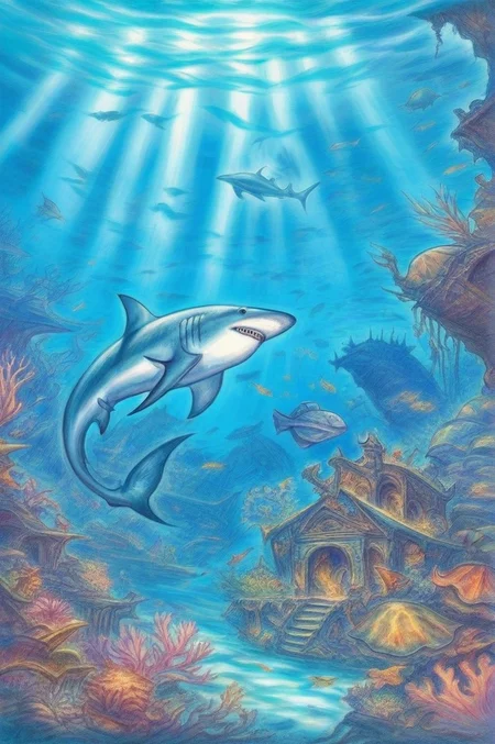 by amano yoshitaka,<lora:amano_yoshitaka_xl:1>,coral reef,bioluminescence,ancient ruins,submerged city,treasure chest,mysterious glow,deep sea,marine life,shoal of fish,mermaid,sea turtle,underwater cave,shipwreck,sunlight filtering through,mystic algae,bubbles,dolphin,giant clam,sea dragon,lost world,underwater volcano,turquoise water,reef shark,legendary guardian,enchanted trident,pearl necklace,sunken artifact,aquatic plants,mysterious currents,ocean mystery,