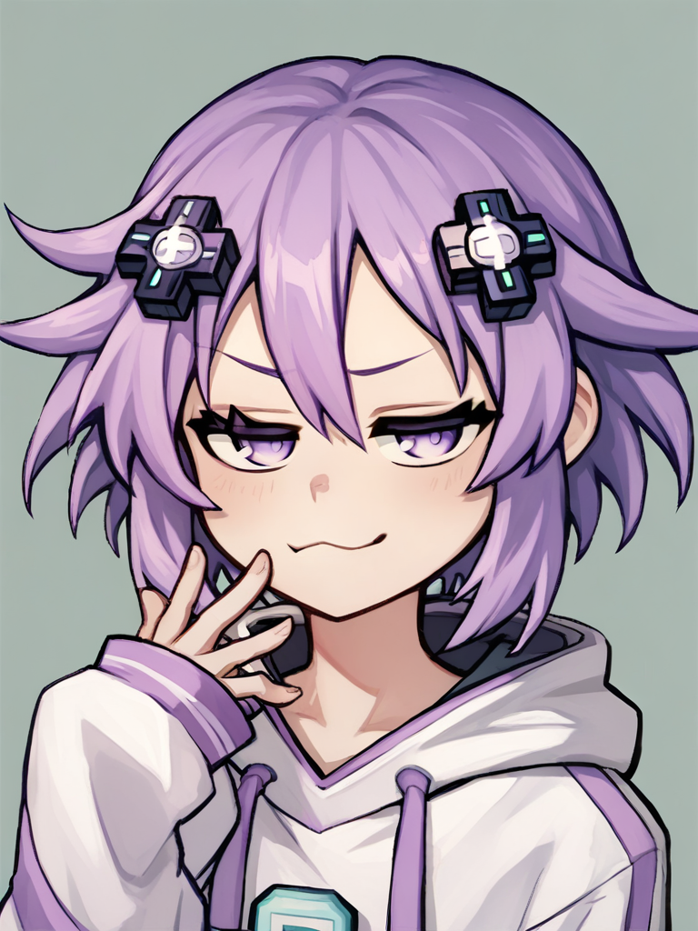 score_9, score_8_up, score_7_up, score_6_up, source_cartoon, BREAK, 1girl, hyperdimension neptunia, neptune, d-pad hairclips, purple hair, purple eyes, white hoodie, smug <lora:The_Coffin_of_Andy_and_Leyley_Game_Artstyle_PonyXL:1>