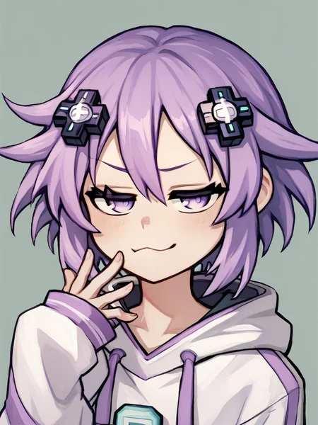 score_9, score_8_up, score_7_up, score_6_up, source_cartoon, BREAK, 1girl, hyperdimension neptunia, neptune, d-pad hairclips, purple hair, purple eyes, white hoodie, smug <lora:The_Coffin_of_Andy_and_Leyley_Game_Artstyle_PonyXL:1>
