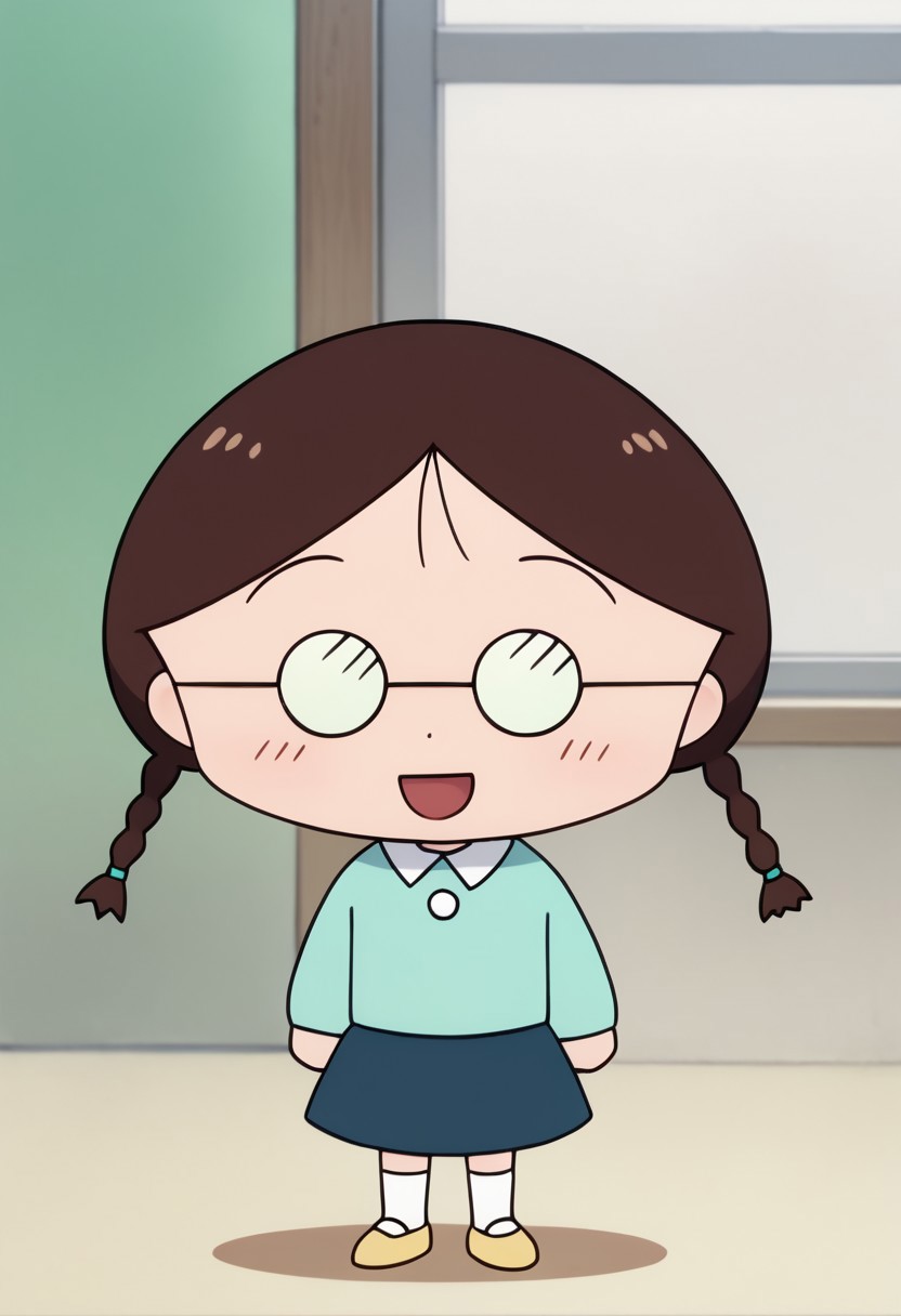 score_9, score_8_up, score_7_up BREAK TamaChan, 1girl, brown hair, braided pigtails, glasses, white-collared cyan short-sleeved shirt, blue skirt, white socks, flat yellow shoes, anime, source_anime, chibi, smiling, solo, solo focus, girl, girl focus,