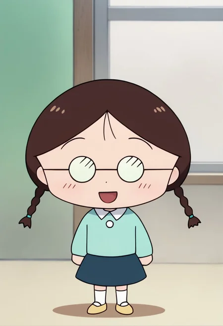score_9, score_8_up, score_7_up BREAK TamaChan, 1girl, brown hair, braided pigtails, glasses, white-collared cyan short-sleeved shirt, blue skirt, white socks, flat yellow shoes, anime, source_anime, chibi, smiling, solo, solo focus, girl, girl focus,
