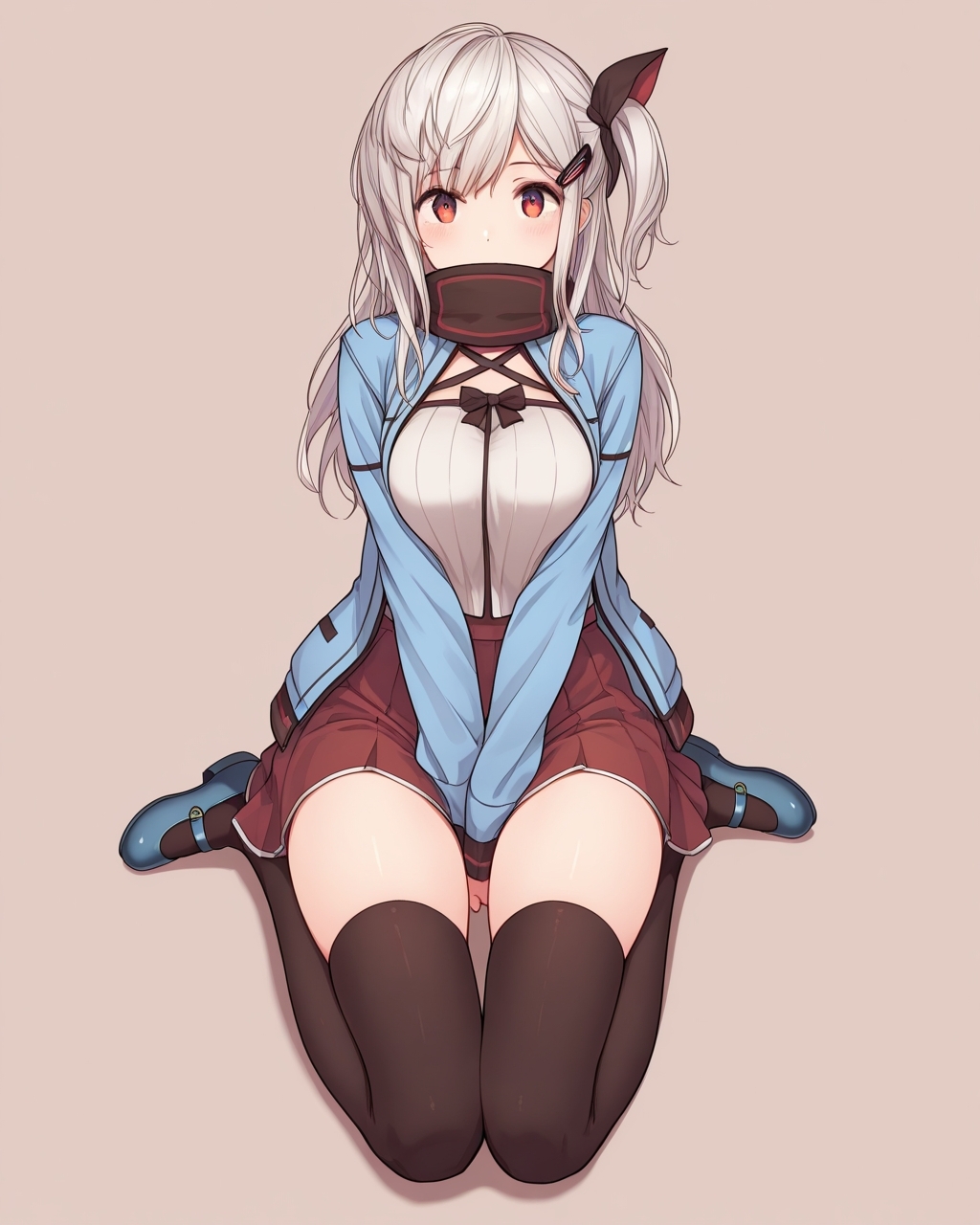 masterpiece, best quality, highres, simple background, looking at viewer, 
1girl, alps, jacket, red skirt, thighhighs, mary janes, 
<lora:alps_il_v1:1>