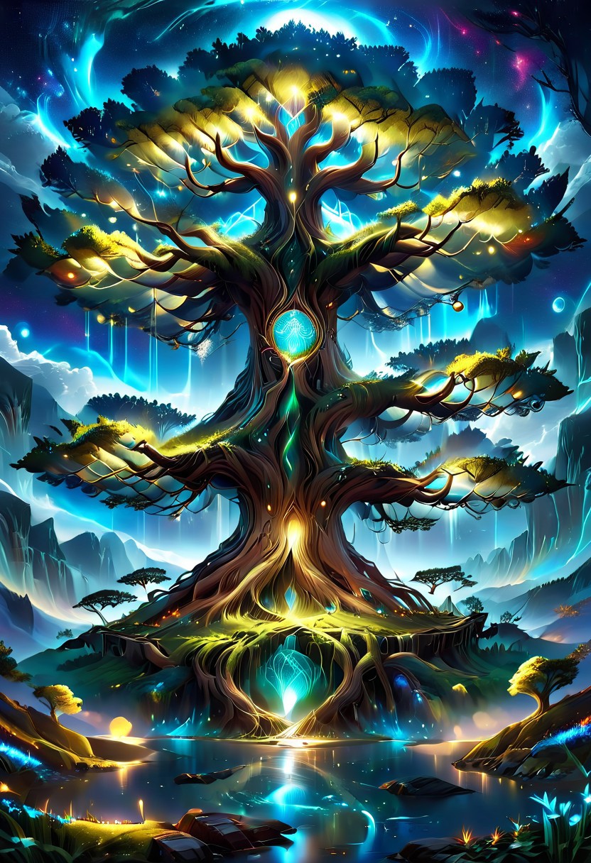 A captivating night scene illustration Yggdrasil tall on a large snowy mountain overlooking a lake. lthndrtrl, Yggdrasil, emits a warm glow, highlighting its incredible magic and grandness. The snowy  hill is covered in great pine trees, reflecting on the calm, moonlit snow  that mirrors the silvery moonlight. The full moon graces the sky, casting an ethereal glow on the clouds and mountain, while wispy clouds partially obscure its brilliance, adding to the scene's mystique. Twinkling stars dot the sky, creating a celestial tapestry that harmonizes with the moon's radiance. This enchanting artwork captures a serene and peaceful night, where the illuminated Yggdrasil stands resolute amidst the celestial beauty, creating a cinematic experience., illustration, cinematic, lthndrtrl, Yggdrasil
<lora:DonM3t3rn1tyXL-v1.1:0.7>, DonM3t3rn1tyXL,
OverallDetailXL  <lora:MJ52:0.3>  <lora:SDXLFaeTastic2400:0.4>  <lora:EpicF4nta5yXL:0.7>