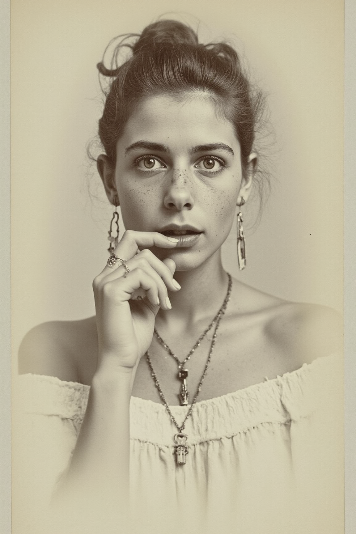 YFG-V1nt A black-and-white photograph of a young woman with a striking, contemplative expression. She has a fair complexion with visible freckles across her nose and cheeks, and her hair is dark and pulled up into a messy bun, with loose strands framing her face. Her eyes are wide open, with a piercing gaze, and her lips are slightly parted. She is wearing a delicate, thin chain necklace with a small pendant, which hangs down her chest. Her left hand is raised to her mouth, with her index finger gently touching her lips, adding a sense of introspection to her pose. She is also wearing a pair of long, slender earrings that dangle from her ears. The background is plain and neutral, possibly a light-colored wall, which ensures that the focus remains entirely on the subject. The photograph captures a raw and emotional moment, with the texture of the woman's skin and the soft fabric of her off-shoulder garment contributing to the overall intimate and thought-provoking atmosphere. The image is likely taken in a studio setting, with a minimalist approach that highlights the subject's natural beauty and inner depth.