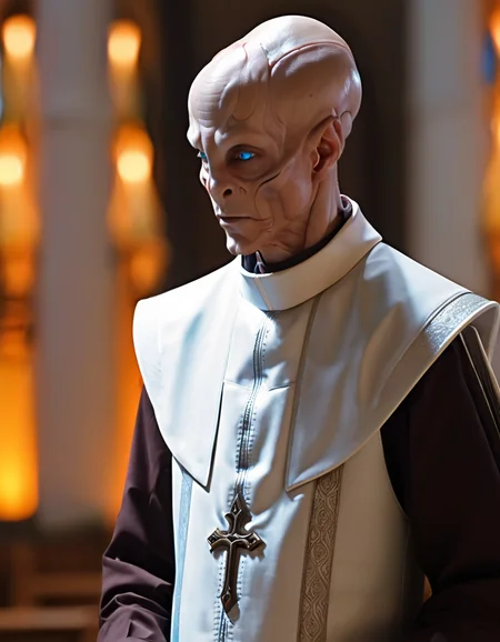SaruST, kelpien man, bald, alien, blue eyes, brownish orange skin, priest clothes, upper body , standing, church interior, sharp focus