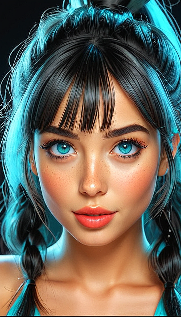 (Cel-shading:1.8), (in ARTIST style:1.7), (masterpiece:1.7), tsundere, cartoon style, comics style, 
Close-up gorgeous girl face, cute, bangs, freckles, shiny eyes, striking bright large teal eyes, aligned eyes, (very long lashes:2),
Long ponytail with hair,  looking excited,
upper body, (dim lit:1.6), split lighting, dark background, fog, colorful stripes at background,  trendy portrait,
tender Aesthetic nose, ears, puffy lips, sensual lips, pouty lips, detailed texture, detailed eyes, detailed skin, clean skin,
<lora:Someplastic_b:0.9>, (ultra sharp focus:1.8), (detailed skin:1.8), (thin lines:1.8), (best quality:1.8),
<lora:Apparatus_-_Traction_City_Walkers_Vehicles:0.7>,
<lora:glowneon_xl_v1:0.7>,