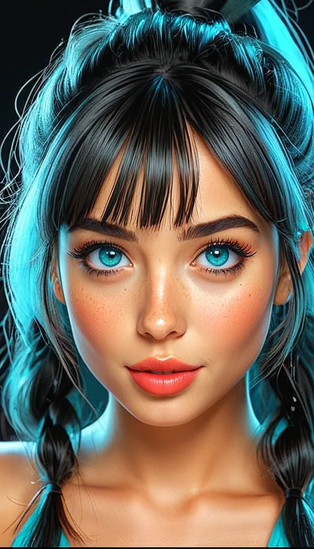 (Cel-shading:1.8), (in ARTIST style:1.7), (masterpiece:1.7), tsundere, cartoon style, comics style,
Close-up gorgeous girl face, cute, bangs, freckles, shiny eyes, striking bright large teal eyes, aligned eyes, (very long lashes:2),
Long ponytail with hair, looking excited,
upper body, (dim lit:1.6), split lighting, dark background, fog, colorful stripes at background, trendy portrait,
tender Aesthetic nose, ears, puffy lips, sensual lips, pouty lips, detailed texture, detailed eyes, detailed skin, clean skin,
<lora:Someplastic_b:0.9>, (ultra sharp focus:1.8), (detailed skin:1.8), (thin lines:1.8), (best quality:1.8),
<lora:Apparatus_-_Traction_City_Walkers_Vehicles:0.7>,
<lora:glowneon_xl_v1:0.7>,