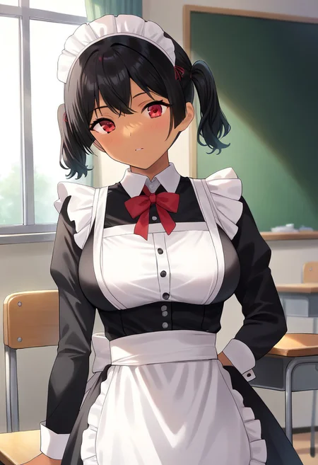 solo, 1girl, female, KannaSasaki, tan, small body, black hair,short twintails,red eyes, large breasts, BREAK maid headdress, maid, maid apron, long sleeves, BREAK classroom, indoors, colorful, BREAK ((ultra-detailed)), ((best quality)), ((best quality)), ((beautiful eyes)), ((extremely detailed)), 4K, (8K), best quality, (beautiful), Master piece, highres, score_9, score_8_up, score_7_up, score_6_up, score_5_up, score_4_up, colorful, best quality, official art, highres, masterpiece, nai3, god light, detailed background, high quality background,