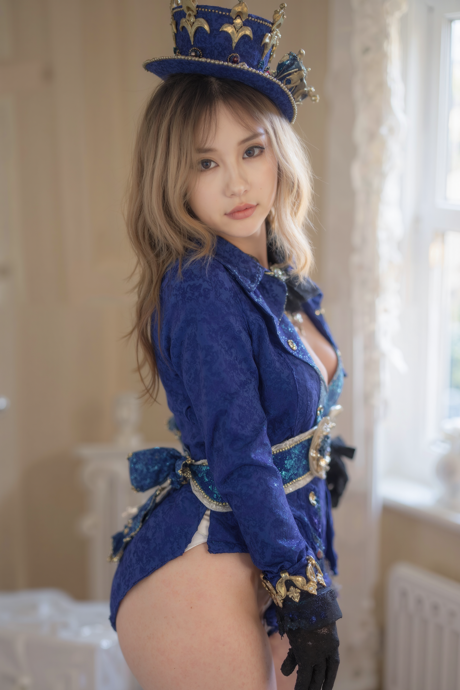 This is a high-resolution full body photograph featuring a young woman standing on the floor in the house. The picture taken from behind. 

She is wearing SGWN34Clothing with a vibrant blue outfit with gold accents, with a blue and gold crown, thigh-high boots, and fingerless gloves.

Intimate morning portrait, natural window light streaming in, blonde wavy hair, soft genuine smile,  casual at-home vibes, bashful mischievous glance, minimal everyday makeup, warm vanilla walls in background, lifestyle photography, candid moment, shot on Sony A7IV with 35mm f/1.4 lens, shallow depth of field, (soft morning glow:1.3), (natural skin texture:1.2), (gentle bokeh:1.2), (casual intimacy:1.4), dreamy atmosphere, film-like grain, nostalgic color grading, Instagram aesthetic, lifestyle blogger quality