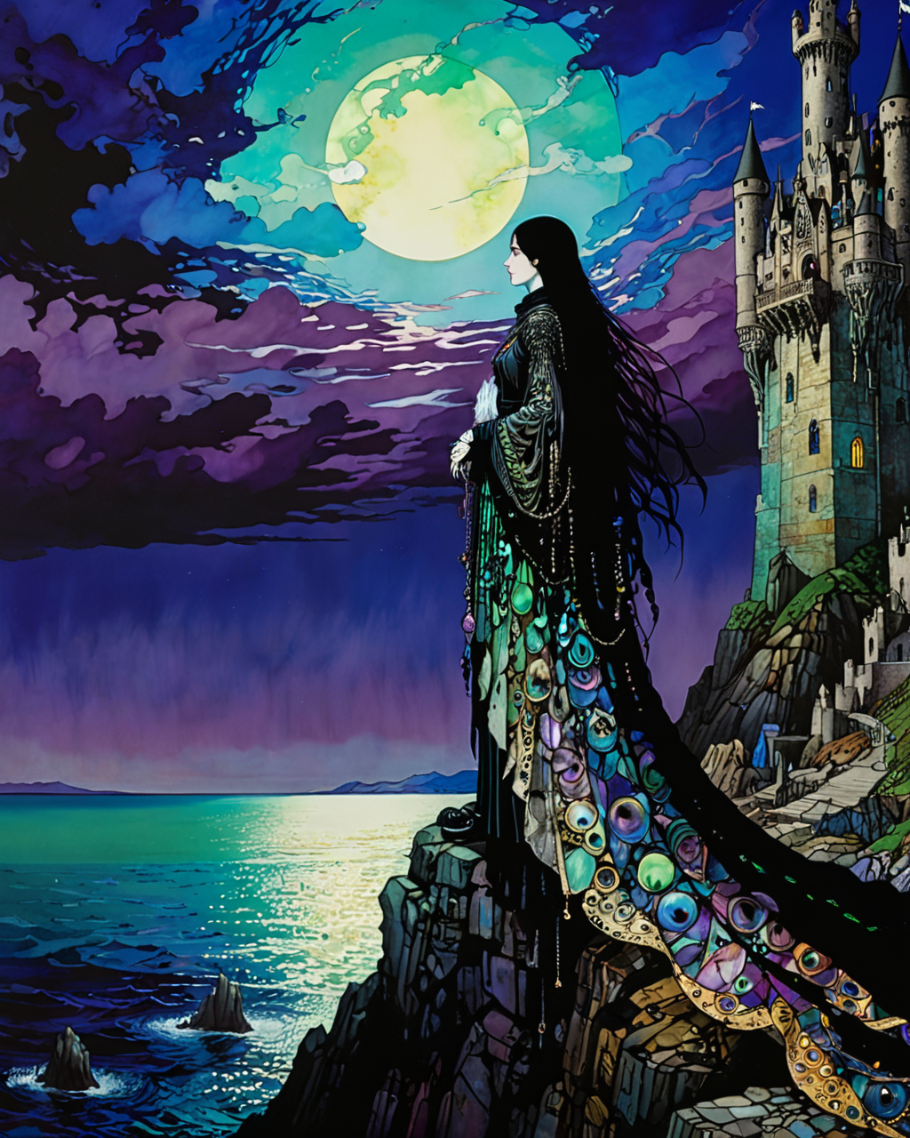 (Sheelba of the Eyeless Face:1.1), full body, sky, ocean, castle, Harry Clarke, volumetric lighting, intense colors, abalone, <lora:add-detail-xl:0.75> <lora:xl_more_art-full_v1:0.5>