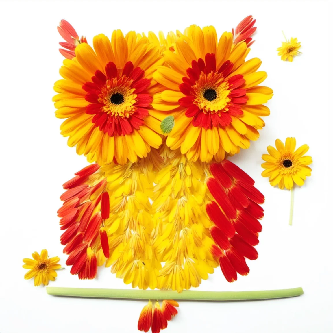 flowerart, white background, flower, food, yellow and red flower, shrimp, owl,<lora:flower_art:1>