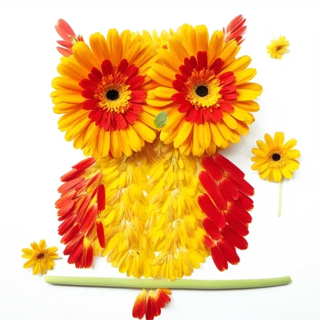 flowerart, white background, flower, food, yellow and red flower, shrimp, owl,<lora:flower_art:1>