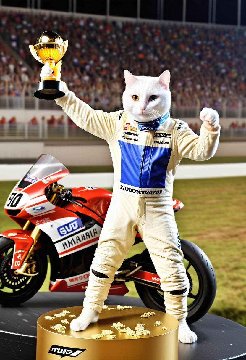 (GrubCat), (cat standing triumphantly on a winner’s podium), (next to a sleek racing motorcycle), (wearing a racing suit), (one paw raised in victory), (confetti falling around), (crowd cheering in the background), (bright stadium lights illuminating the scene), (gold trophy in one paw), (dynamic and energetic atmosphere), (motorbike gleaming under the lights), (adrenaline-fueled celebration), (intense expression of victory and pride), (dramatic action shot), (high-energy racing scene).
