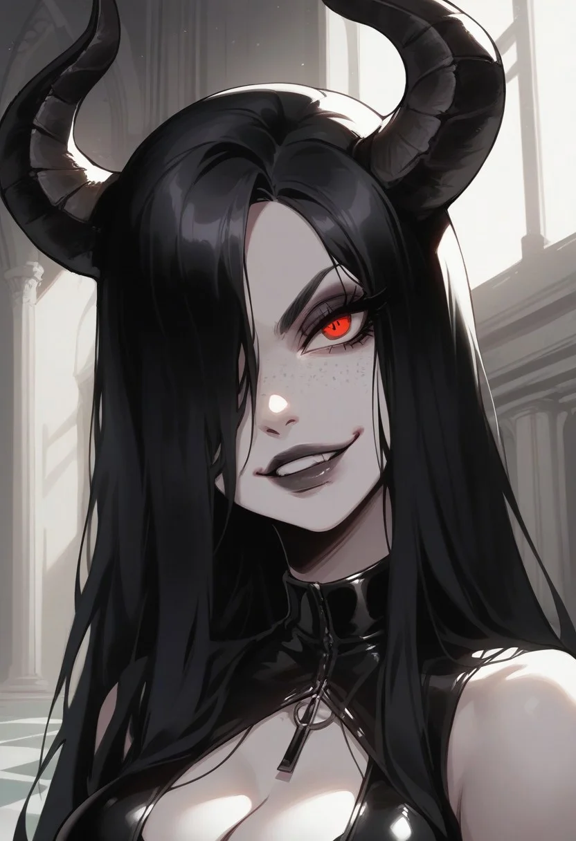 score_9, score_8_up, score_7_up, score_6_up, aesthetic , goth, demon, horns, black hair,long hair, red eyes, indoors, ballroom, marble floor, latex dress. castle, columns, teasing expression, playful, smug face, nipple peek, big eyes, solo, dutch angle, g0thicPXL, (big lips:0.6), (close up:1.2), portrait, large breasts, cleavage, gesugao, hair over one eye, freckles