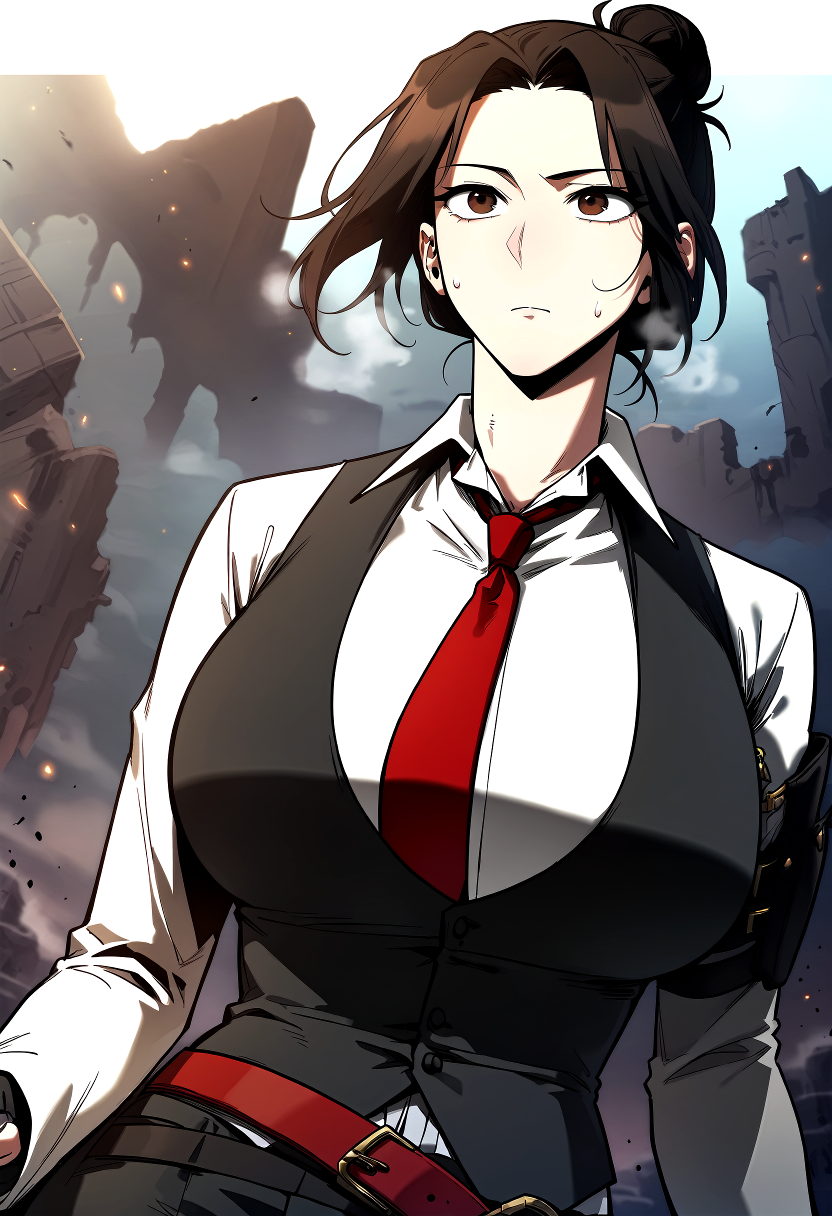 score_9, score_8_up, score_7_up, score_6_up, source_anime, rating_explicit, <lora:neg4all_bdsqlsz_V3.5:2.0>1girl, (solo:1.1), huge breasts, <lora:JungHeewonponyxl:1> brown eyes, black hair, single hair bun, brown hair, fingerless gloves, belt, red necktie, black vest, white shirt, black pants, long sleeves, black gloves, expressionless, Narrow shoulders, sweat, heavy breathing, steaming body, ruins, outdoor, looking away