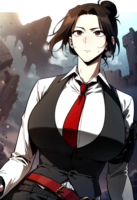 score_9, score_8_up, score_7_up, score_6_up, source_anime, rating_explicit, <lora:neg4all_bdsqlsz_V3.5:2.0>1girl, (solo:1.1), huge breasts, <lora:JungHeewonponyxl:1> brown eyes, black hair, single hair bun, brown hair, fingerless gloves, belt, red necktie, black vest, white shirt, black pants, long sleeves, black gloves, expressionless, Narrow shoulders, sweat, heavy breathing, steaming body, ruins, outdoor, looking away