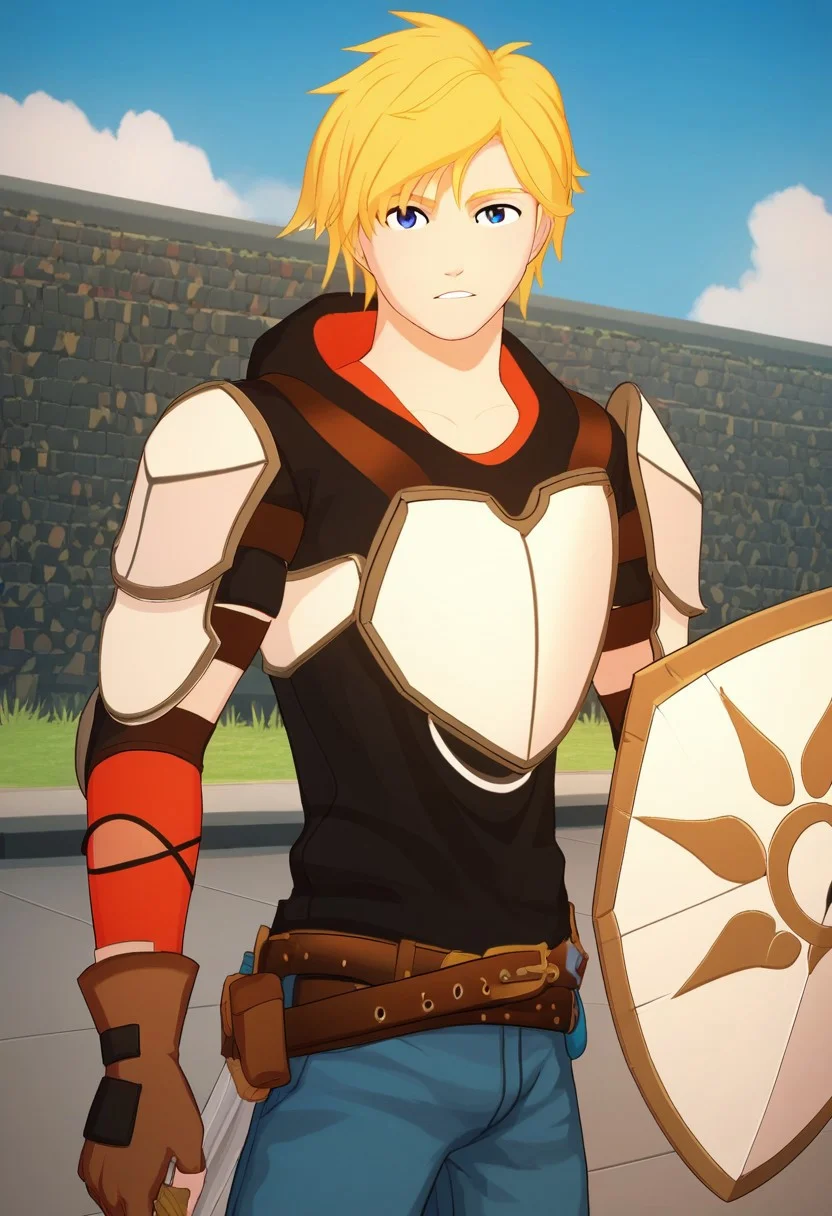 score_9, score_8_up, score_7_up, highly detailed,
jaune, 1boy, male focus, solo, blonde hair, blue eyes, gloves, pants, jeans, denim, brown gloves, armor, belt, blue pants, upper body, shoulder armor, shoulder pads, breastplate, looking at viewer, hoodie, hood, holding sword, shield, white shield, battle pose,
outdoor, sky,