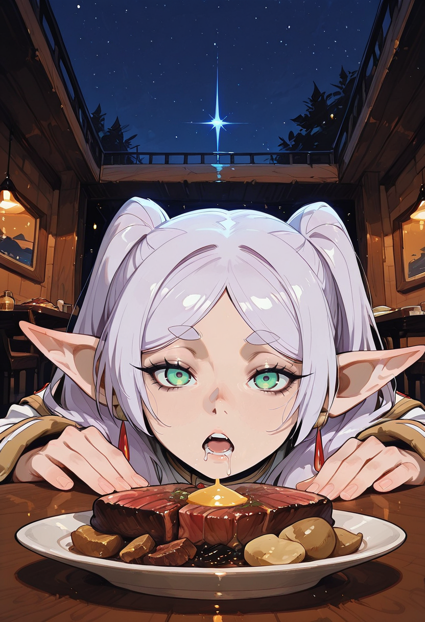 score_9, score_8_up, score_7_up, masterpiece, best quality, very aesthetic, detailed face, (dynamic:1.2), stylized, illustration, dynamic pose, nsfw, <lora:ck-shadow-circuit-IL:0.5> in the style of cksc <lora:incoth:0.5> incoth, (incase:0.5) <lora:TrendCraft_The_Peoples_Style_Detailer-v2.3I-4_16_2025-Illustrious_1571400:0.3> <lora:Smooth_Booster_v3_1685428:0.2>âââ <lora:perspective:0.4> looking at viewer, perspective, <lora:WeaponSpellBindIL:0.2>  <lora:GhostlyWhiteILL:0.4> gw, nightsky, glowing <lora:MomoSweetSpaceILL:0.4> momosp, (frieren:1.5), (restaurant, tables, chairs, plates, food, steak, potato:1.1), (hungry, mouth open, drooling:1.1)