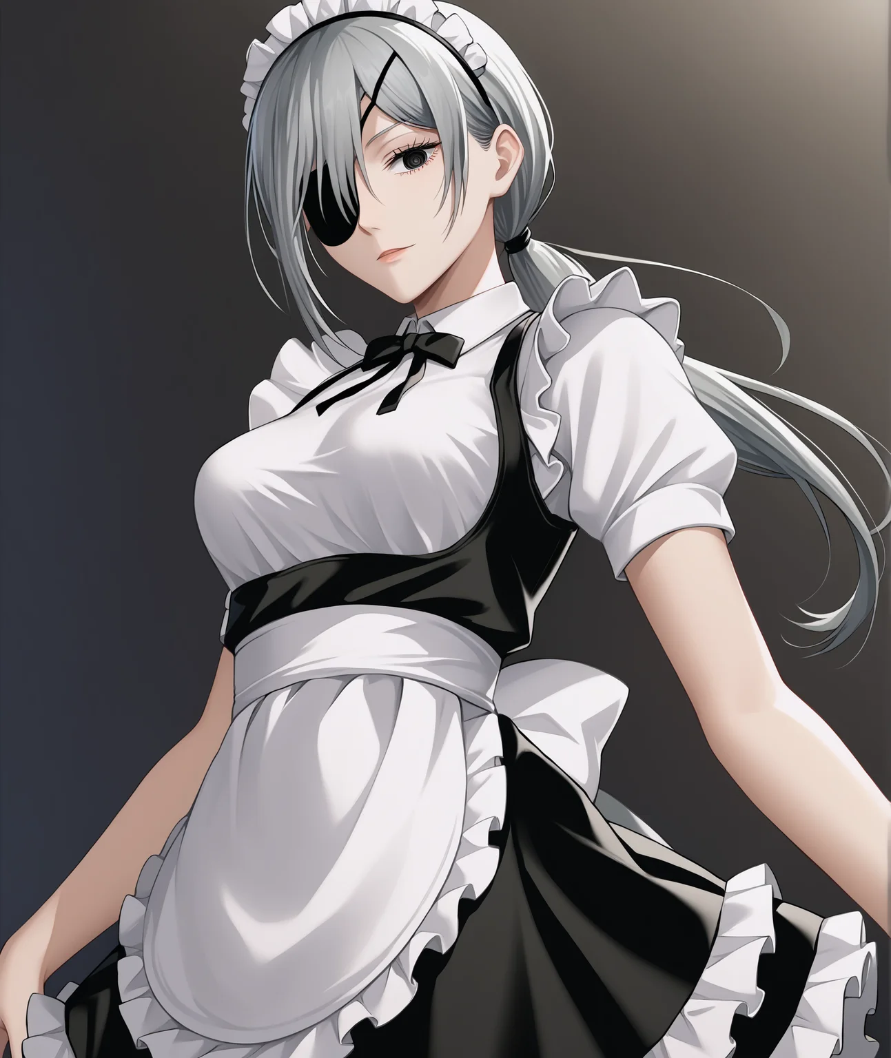 score_9, score_8_up, source_anime, highres, hi res, best quality, masterpiece, 2d, intricate details, official style, anime, 4k, anime style,
1girl, solo, female, long hair, black eyes, grey hair, ponytail, hair over one eye, eyepatch, one eye covered, quanxi \(chainsaw man\), chainsaw man,
breasts, medium breasts,
maid, maid headdress, maid apron, frills, frilled dress, frilled skirt, frilled sleeves,
cowboy shot, foreshortening, looking at viewer, black background, simple background, blurry background, gradient background, <lora:Quanxi1024_Pony:1>