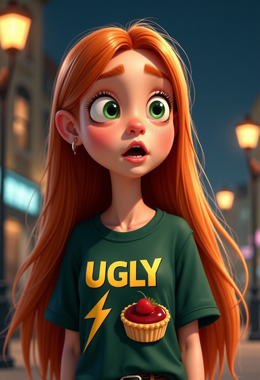 pixar style illustration of a fancy young woman with ginger hair. Her cute freckled face with mesmerizing green eyes is framed by her straight long hair. She is looking surprised. The woman is wearing a dark green shirt reading "UGLY" in a bold font in yellow letters in the upper half. Below the reading is a print showing a lightning bolt tag on the left and a delicious tart on the right. The high detailed picture is backlit and taken at night, streetlights rim lighting the object.