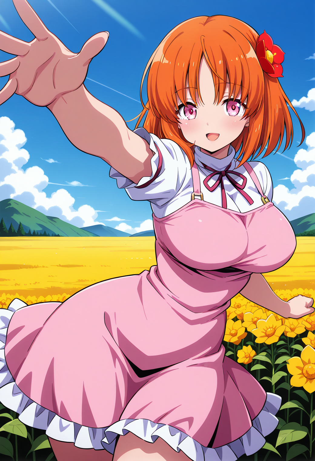 suzumori_mia, pink eyes, orange hair, short hair, hair flower, neck ribbon, pink dress, <lora:Abaddon_suzumori_mia_illustrious_ver1:0.8> 
smile, open mouth,, masterpiece, best quality, general,, 1girl, solo, (field:1.2), (blue sky:1.2), looking at viewer,, (cowboy shot, dynamic pose:1.4),