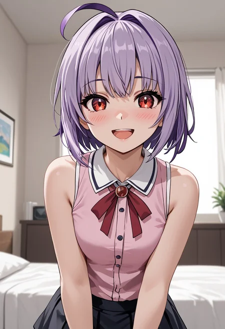 score_4,score_5,score_6,score_7_up,score_8_up,score_9 ((masterpiece,best quality,ultra detailed,highres,HD,4k:1.2)), 
1 cute girl,solo,girl focus,solo focus,face focus,
indoors,
Joule(GV1),Purple hair,side locks,ahoge,multicolored hair,short hair, red eyes,
 pink shirt, skirt, sleeveless, black panty hose,
looking at viewer,blush,smile,open mouth,